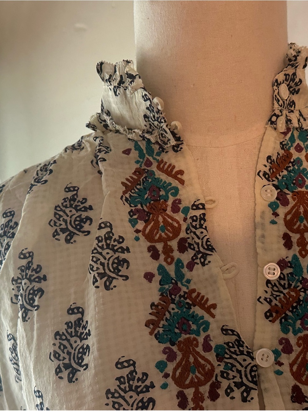 Vanessa Bruno Embroidered Ruffle-Neck Blouse with Teal & Rust Accents